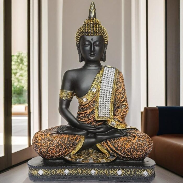 Global Grabbers New 25 Centimetre Meditating Sitting Buddha Statue showpiece Idol Home Decor Items for Living Room and Gifts (1, Orange Black) - Image 2