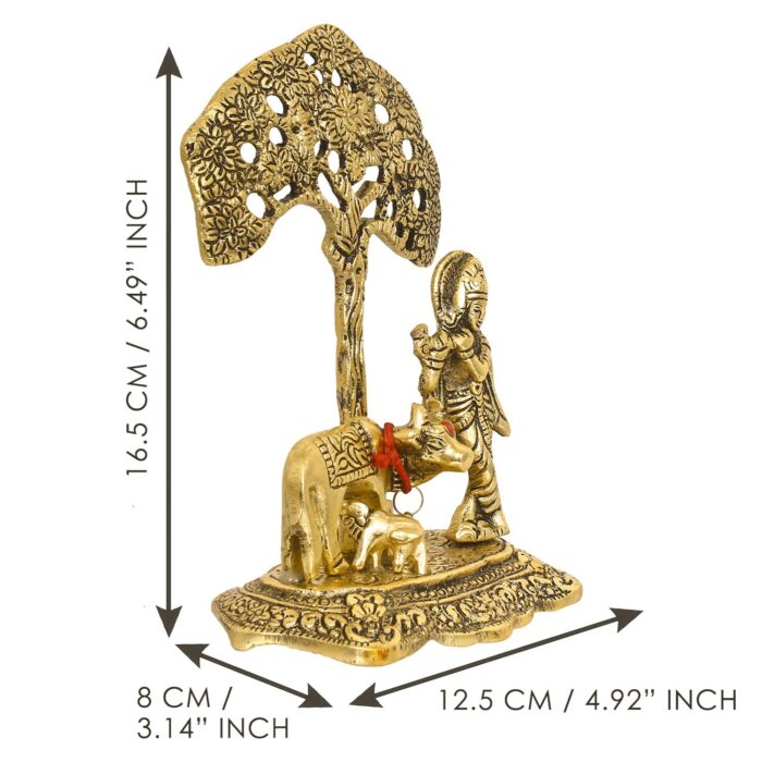 eCraftIndia Lord Krishna Playing Flute Under Tree with Golden Cow and Calf Showpiece - Image 6