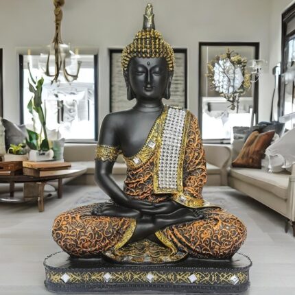 Global Grabbers New 25 Centimetre Meditating Sitting Buddha Statue showpiece Idol Home Decor Items for Living Room and Gifts (1, Orange Black)