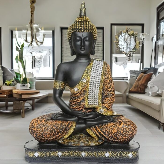 Global Grabbers New 25 Centimetre Meditating Sitting Buddha Statue showpiece Idol Home Decor Items for Living Room and Gifts (1, Orange Black) - Image 1