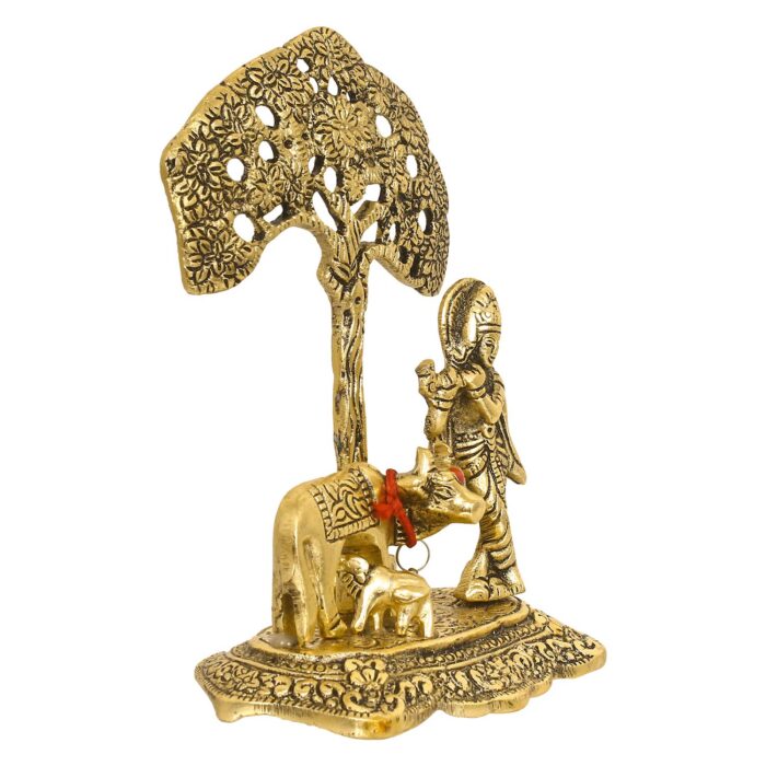 eCraftIndia Lord Krishna Playing Flute Under Tree with Golden Cow and Calf Showpiece - Image 4