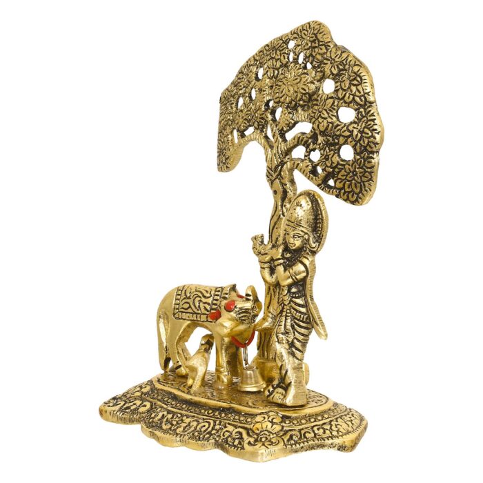 eCraftIndia Lord Krishna Playing Flute Under Tree with Golden Cow and Calf Showpiece - Image 5