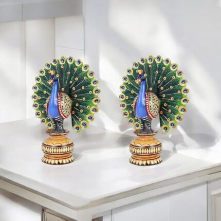Khamma Ghanni Handicraft Wooden 3 Inches Peacock Showpiece Set of 2 for Home & Office Decor II Desk Organizer II Living Room II Guest Room II Office Decor II Gift Items