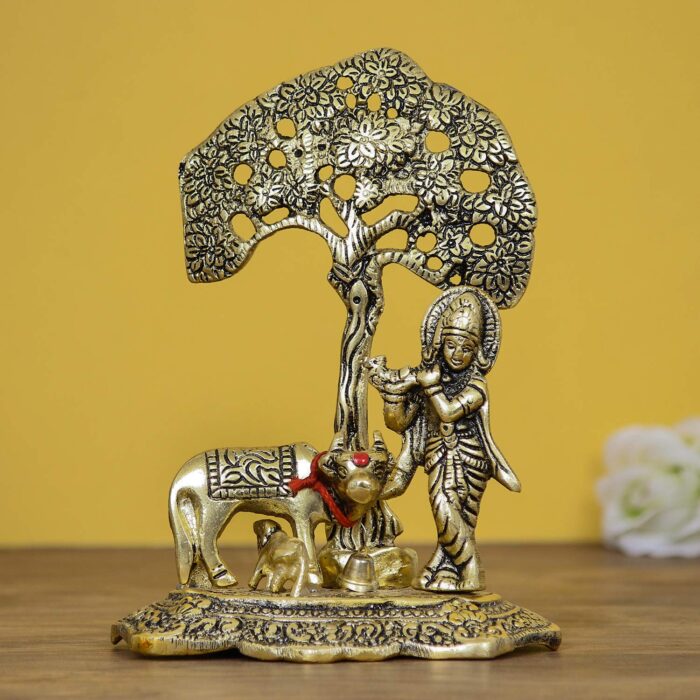 eCraftIndia Lord Krishna Playing Flute Under Tree with Golden Cow and Calf Showpiece - Image 2