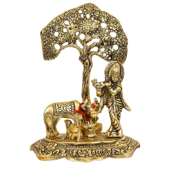 eCraftIndia Lord Krishna Playing Flute Under Tree with Golden Cow and Calf Showpiece - Image 3