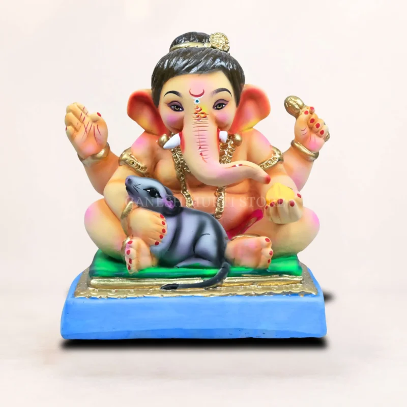 Close up Detail of Handcrafted Baal Ganesh Mushak 12 Inch Pink Clay Idol