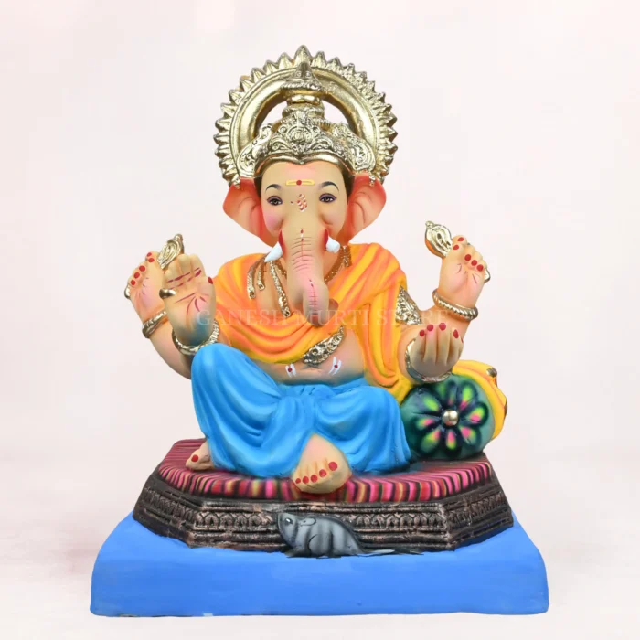 Front view of Brahman 20 Inch Blue Dhoti Eco-Friendly Ganesh Idol made from natural Shadu Mati clay.
