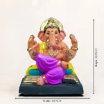Vignaharta Raja eco-friendly Ganesha idol, hand-painted with a pink dhoti, seated on a throne against a yellow background.