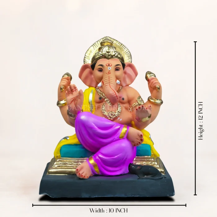 Vignaharta Raja eco-friendly Ganesha idol, hand-painted with a pink dhoti, seated on a throne against a yellow background.