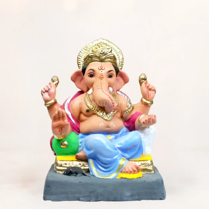 Best price Coach Double Load Blue 12 inch Ganpati Murti made from natural clay, eco-friendly Ganesh idol for festive worship.