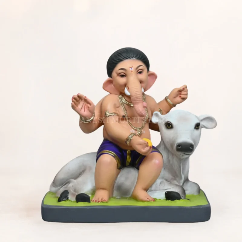 Cow Bal Ganpati idol 15 inch eco friendly blue dhoti shadu mati clay handcrafted multi color Ganesh murti