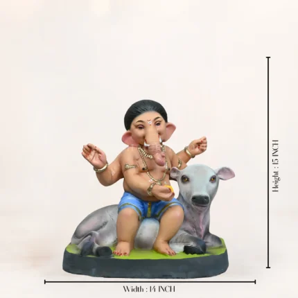Cow Bal Ganpati idol 15 inch eco friendly sky blue dhoti shadu mati clay handcrafted multi color Ganesh murti