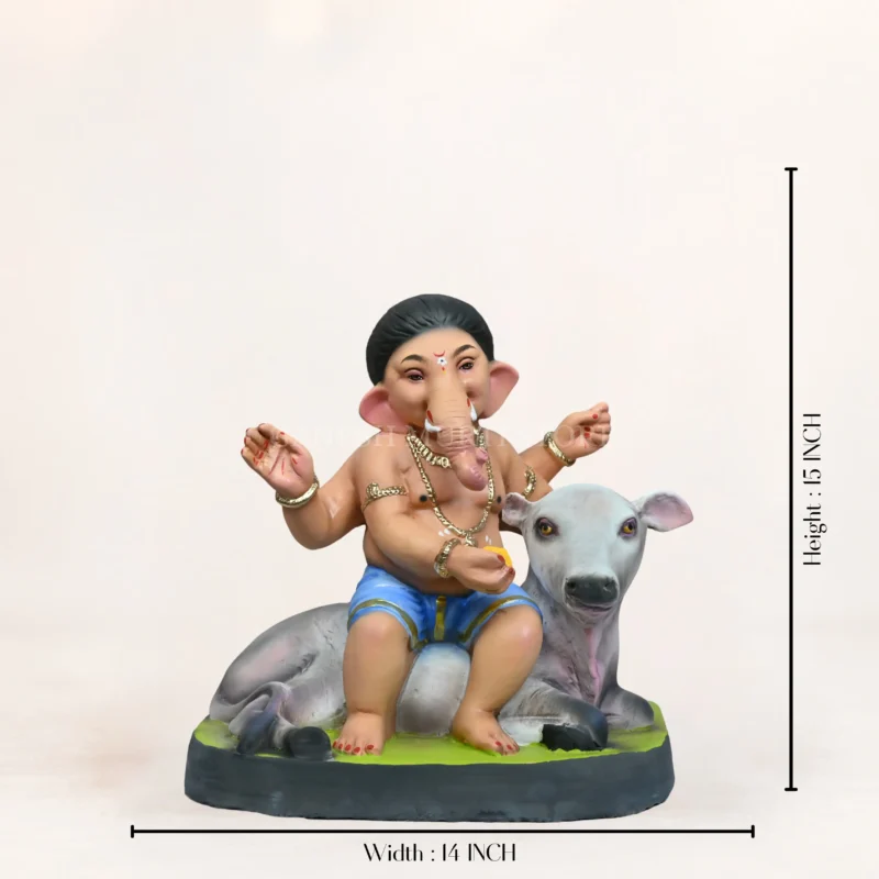 Cow Bal Ganpati idol 15 inch eco friendly sky blue dhoti shadu mati clay handcrafted multi color Ganesh murti