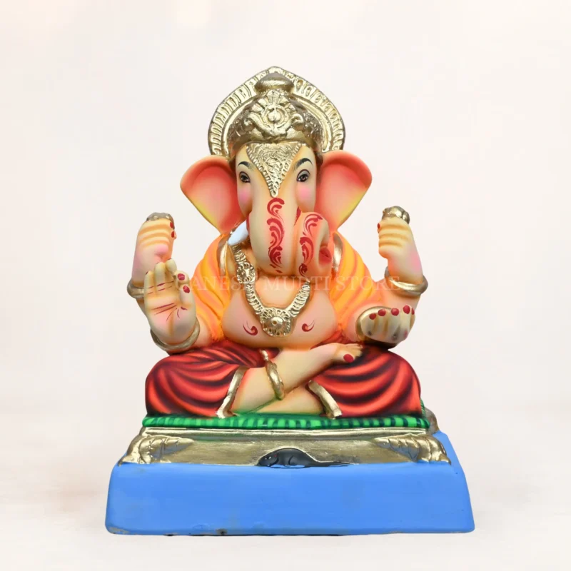 15 inch handcrafted Ganpati murti eco friendly red dhoti shadu mati clay idol multi color festive decoration