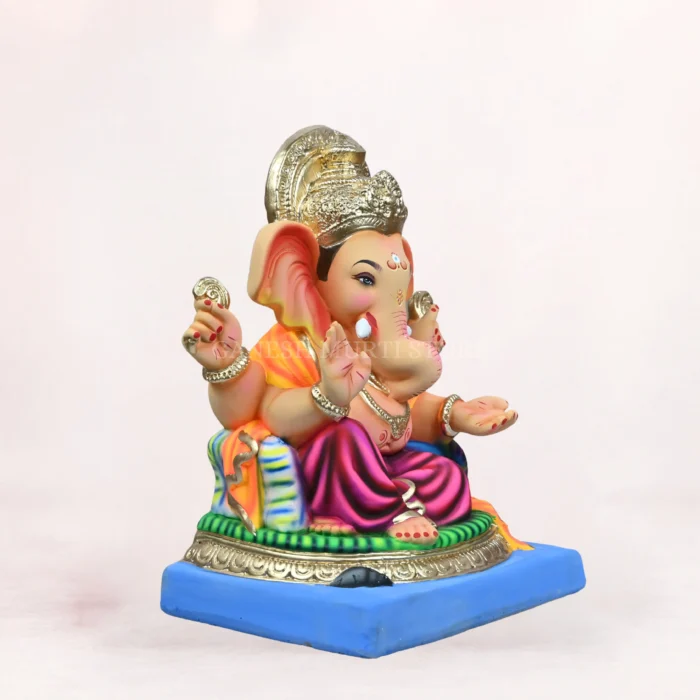 Front view of Gattu Purple Dhoti 16 Inch Shadu Mati Eco-Friendly Ganesh Idol made from natural river clay.