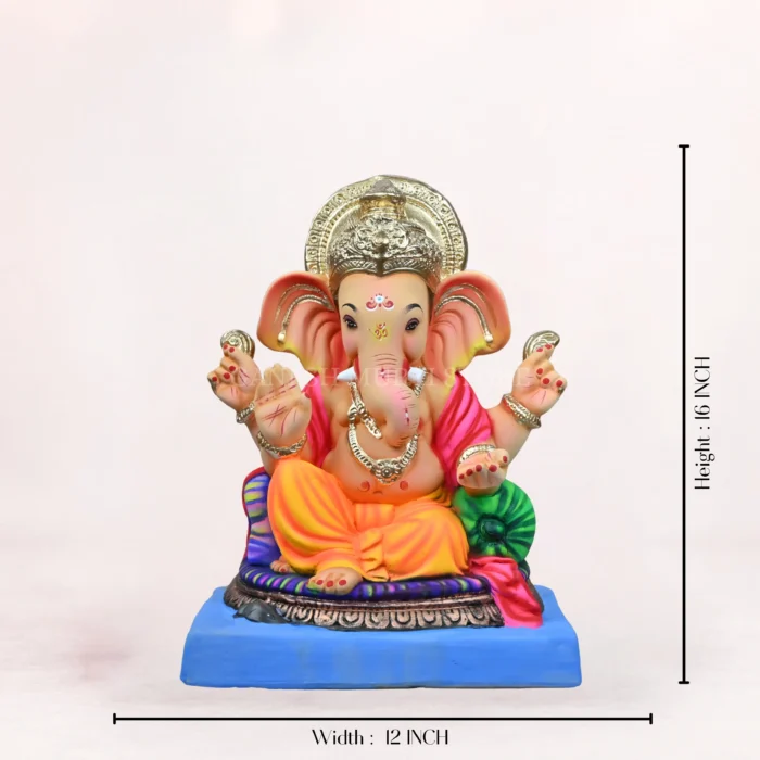 Side angle of Gattu 16 Inch Yellow Dhoti Shadu Mati Eco-Friendly Ganpati Murti handcrafted from natural clay.