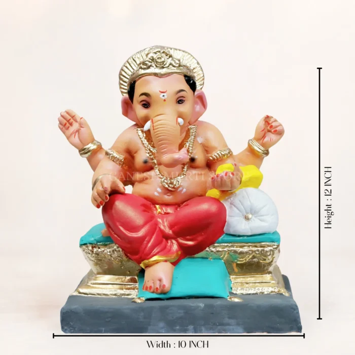 Kainchi Load Red Dhoti eco friendly Ganpati murti, handcrafted 12 inch clay Ganesha idol by Ganesh Murti Store.