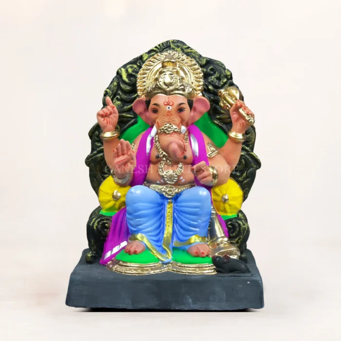 Detailed craftsmanship view of Lal Bagh Cha Raja Sky Blue clay Ganpati idol