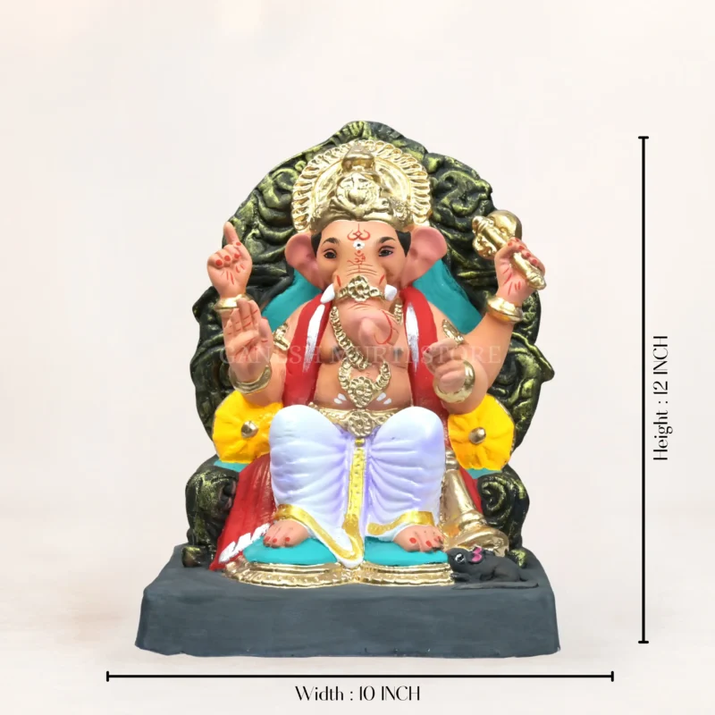 Traditional Lord Ganesha idol crafted from eco-friendly Shadu Mati clay with intricate decorative details.