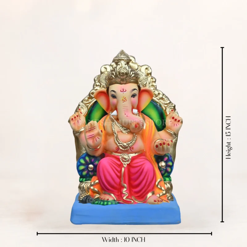15 inch eco friendly Ganesh idol made from Shadu Mitti river clay with multi color finish for Ganesh Chaturthi.