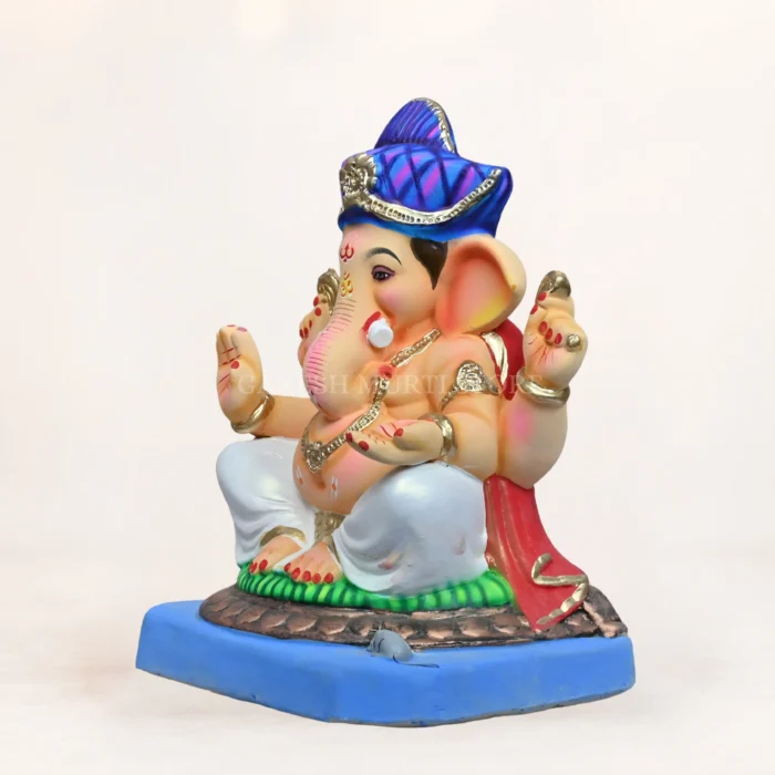 Front view of Mahisuri Pagdi White Dhoti 15 Inch Eco-Friendly Ganesh Idol made from biodegradable Shadu clay.