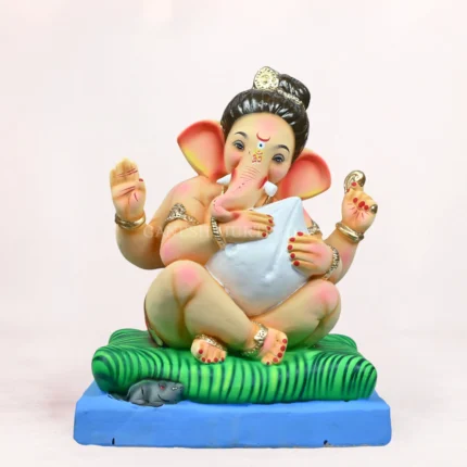 Side angle of Modak Bal Red Dhoti 16 Inch Shadu Mati Eco-Friendly Ganpati Murti handcrafted from natural clay.