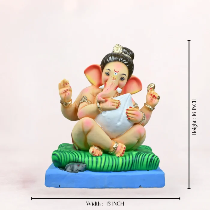Front view of Modak Bal Red Dhoti 16 Inch Eco-Friendly Ganesh Idol made from natural Shadu Mati clay.