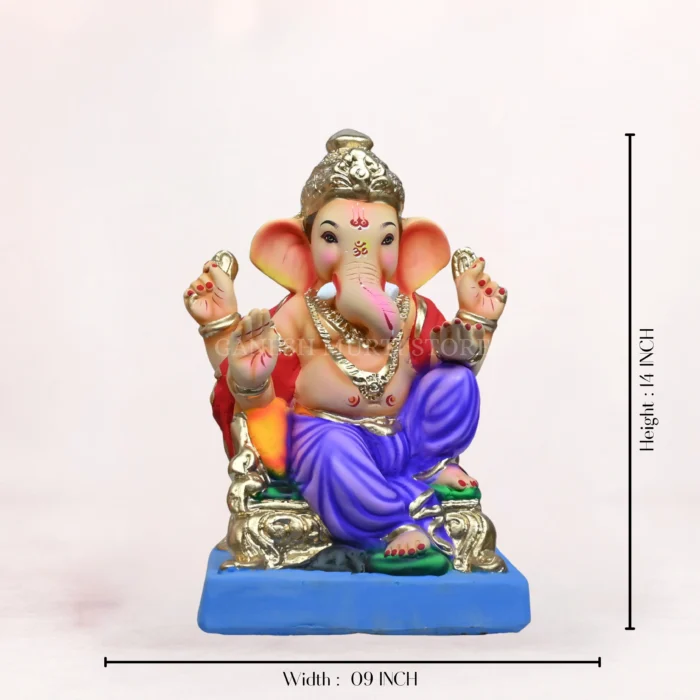 Close-up of Parbhal Load Blue Dhoti 14 Inch Eco-Friendly Ganpati Murti with intricate handcrafted detailing.