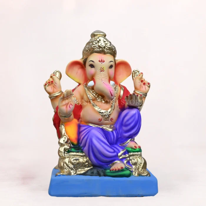 Front view of Parbhal Load Blue Dhoti 14 Inch Eco-Friendly Ganesh Idol made from biodegradable Shadu clay.
