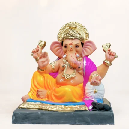 Traditional Peshwa Ganpati idol with royal yellow dhoti, 12 inch eco friendly clay Ganesha by Ganesh Murti Store.
