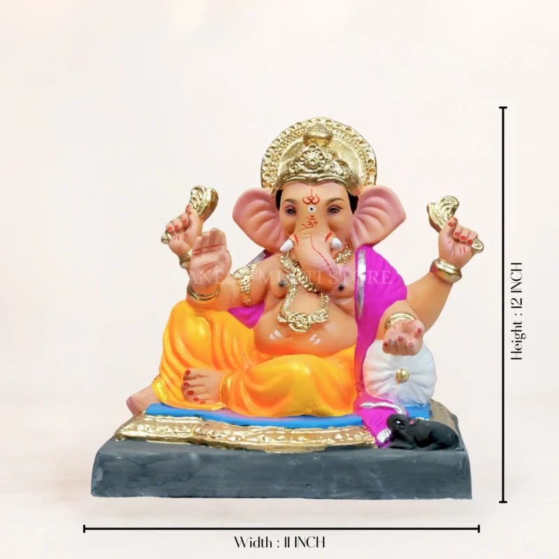 Looking to buy a premium clay ganesh idol online? This beautifully sculpted eco friendly ganpati murti 12 inch statue from Ganesh Murti Store brings a royal touch to your home festival. Masterfully crafted by hand in the traditional Peshwa style with a striking yellow dhoti, this idol is made from 100% biodegradable soil and eco-safe colors. Perfectly sized at 12 inches for home altars, it ensures a seamless, environmentally friendly immersion process right at home, blending rich Indian heritage with complete ecological safety.