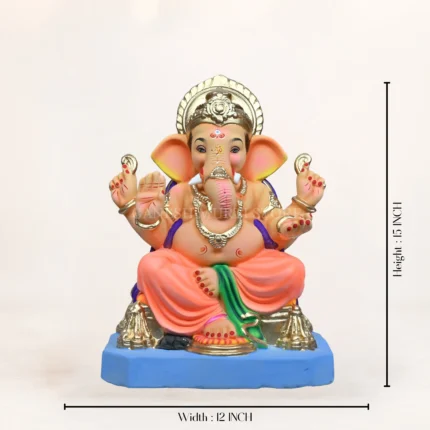 Front view of Philips Light Orange Dhoti 15 Inch Eco Friendly Ganesh Idol made from natural Shadu clay.