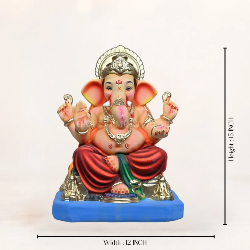 Front view of Philips Orange Dhoti 15 Inch Eco Friendly Ganesh Idol made from biodegradable Shadu clay.