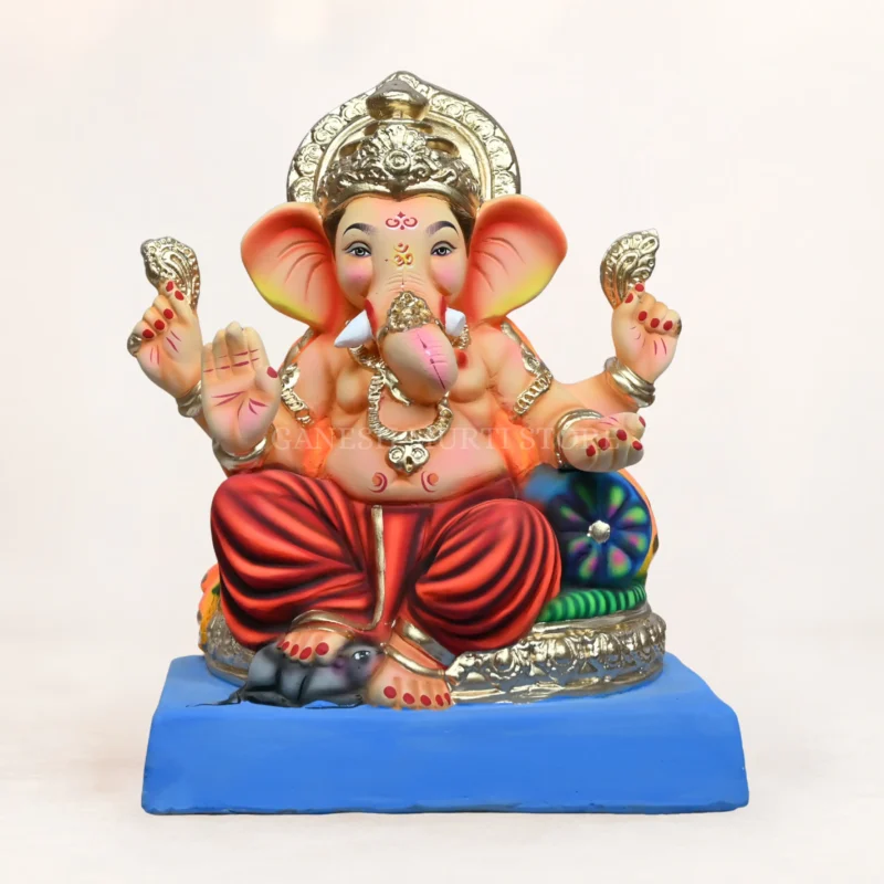 Handmade Shadu Mati Ganesh Idol with Round Aasan and Red Dhoti, 15 Inch Eco-Friendly Ganpati Murti for Ganesh Chaturthi