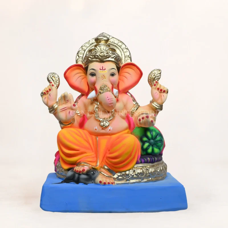 Natural Shadu Clay 15 Inch Eco-Friendly Ganpati Murti with Round Aasan and Yellow Dhoti for home pooja.