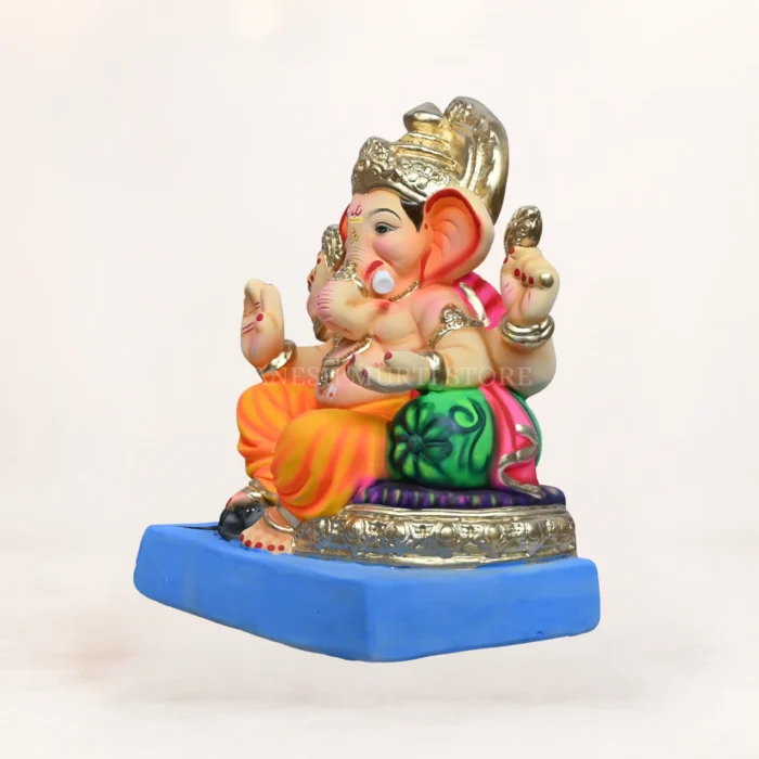 Handmade 15 Inch Round Aasan Eco-Friendly Ganpati Murti in Yellow Dhoti with premium Shadu clay finish.