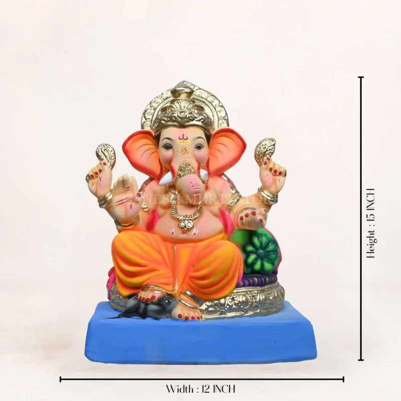 15 Inch Eco-Friendly Ganesh Idol with Round Aasan and Yellow Dhoti handcrafted from natural Shadu clay for Ganesh Chaturthi.