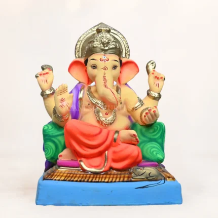 Close-up of Shivrekar Double Load Orange 15 Inch Eco-Friendly Ganpati Murti with premium handcrafted detailing.