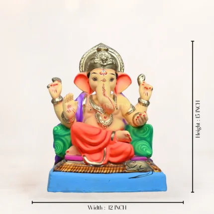Side angle of Shivrekar Double Load Orange 15 Inch Eco-Friendly Ganpati Murti handcrafted from natural clay.