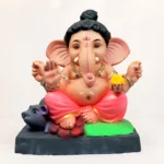 14 inch eco friendly Ganesha murti crafted from natural shadu matti with a vibrant multi-colour pink dhooti design.