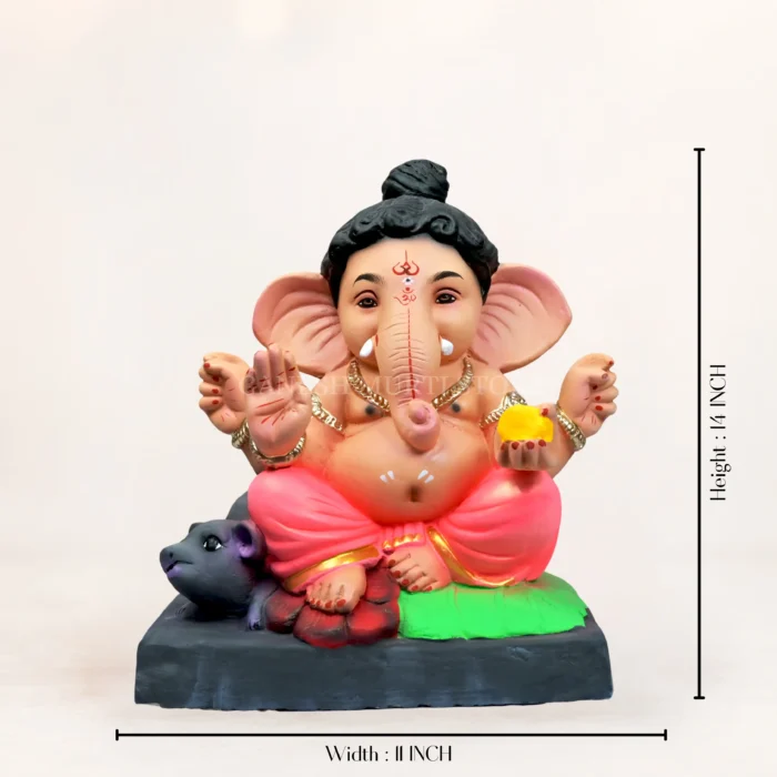 14 inch eco friendly Ganesha murti sculpted from shadu matti featuring a multi-colour pink dhooti design.