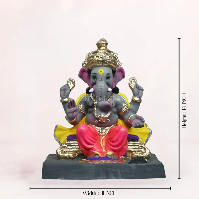 Front view of Vithu Singhaasan Pink Dhoti 14 Inch Eco-Friendly Ganesh Idol made from biodegradable Shadu clay.