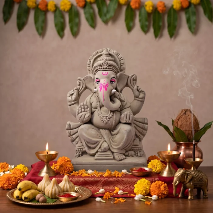 6 Inch Gandhipa Eco-Friendly Ganpati Idol 3 6 inch Gandhipa eco friendly clay Ganpati idol side view for Ganesh Chaturthi