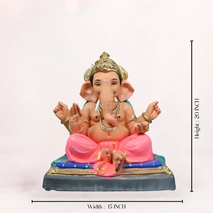Zoomed-in close-up view highlighting the intricate ornaments and detailed facial features of the Gattu Aasan Pink Dhoti 20 Inch Eco Friendly Ganpati Idol.