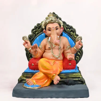 18 inch Kichi Prabhaval eco friendly Ganpati idol with yellow dhoti and clay decorative background