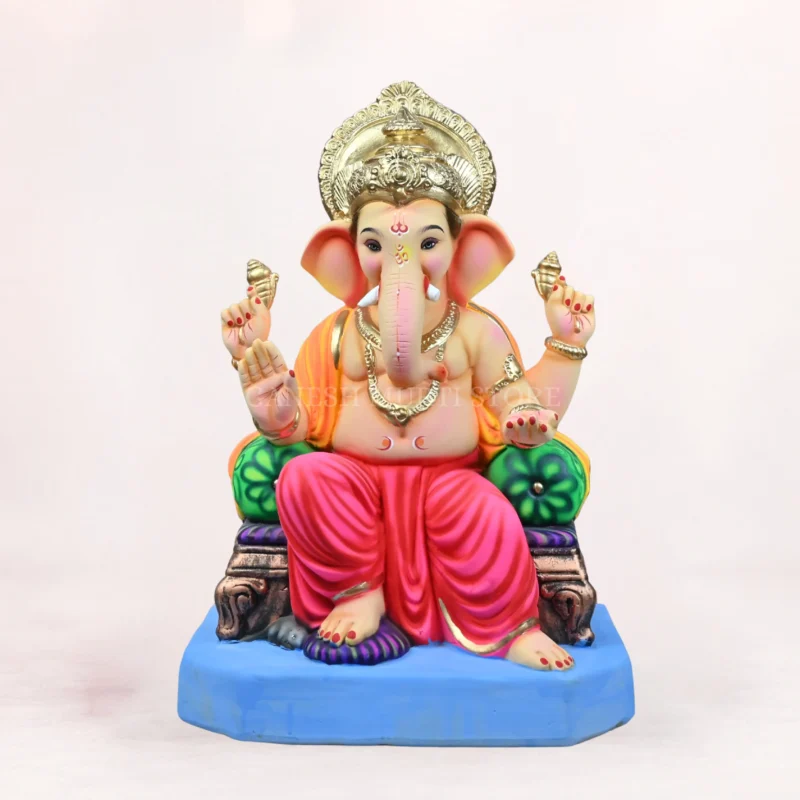 Maharaja Double Load Pink Dhoti 20 Inch Eco Friendly Ganpati Murti Idol sitting symmetrically between decorative double bolsters (double load)