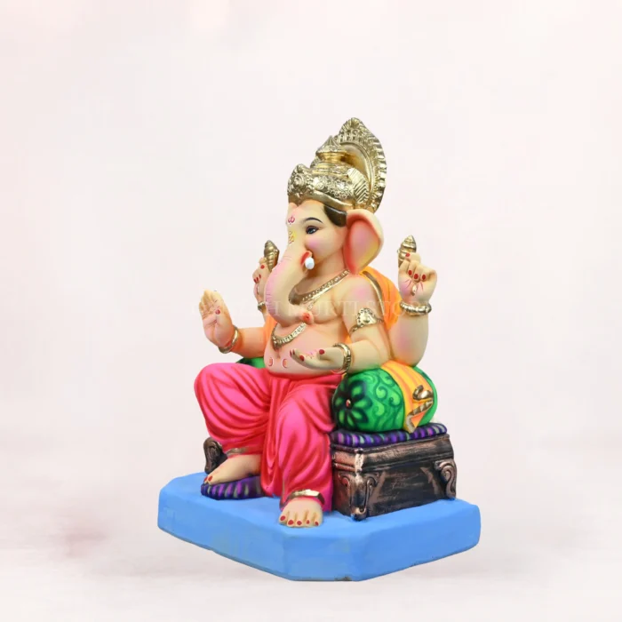 Detailed view of Maharaja Double Load Pink Dhoti 20 Inch Eco Friendly Ganpati Murti Idol showing fine hand-painted ornaments