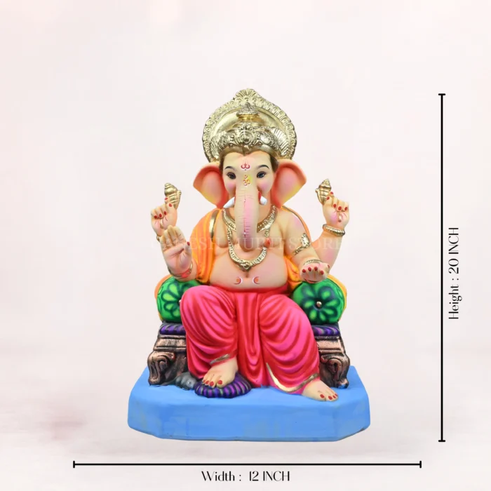 Close up detailed view of Maharaja Double Load Pink Dhoti 20 Inch Eco Friendly Ganpati Murti Idol showing intricate golden hand painted jewelry details