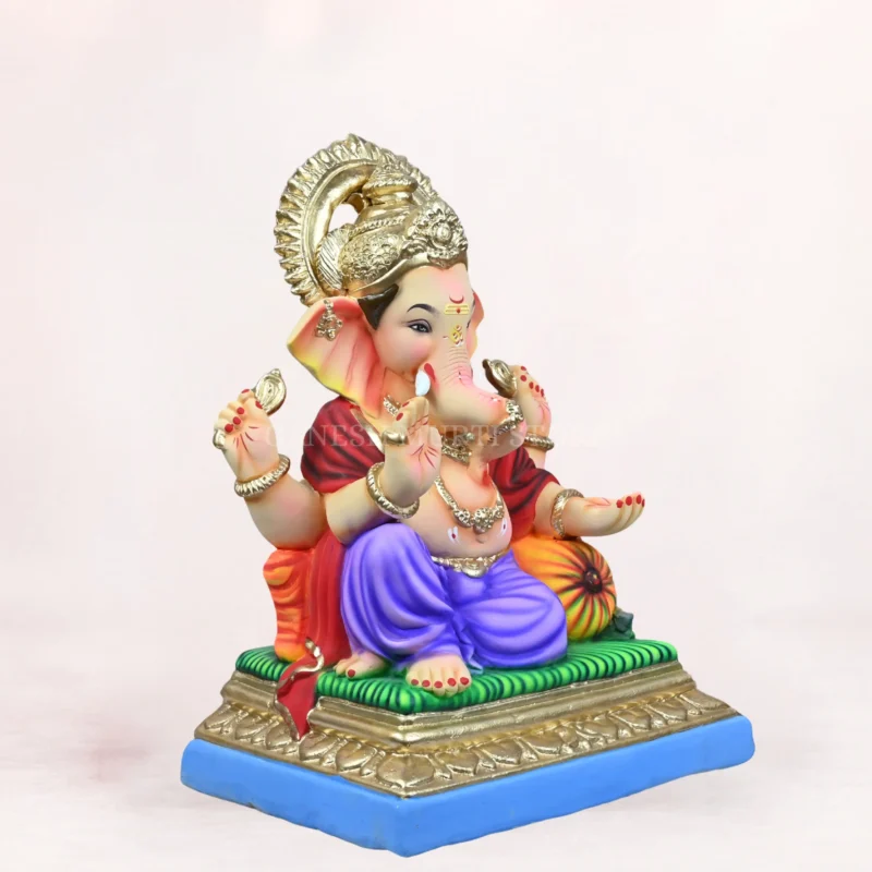 Front side profile view of handcrafted Peshwai Load Light Purple Dhoti 20 Inch Eco-Friendly Ganpati Idol made from natural Shadu Mati clay.