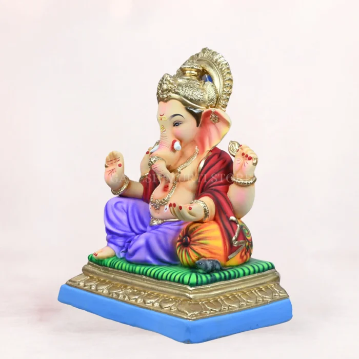 Front side angle view of handcrafted Peshwai Load Light Purple Dhoti 20 Inch Eco-Friendly Ganpati Idol made from natural Shadu Mati clay.